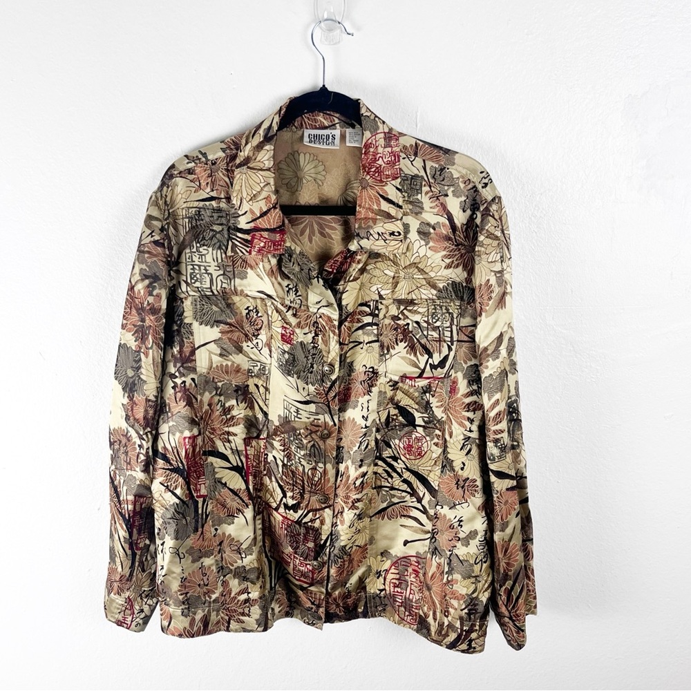CHICO’S Multicolored Silk Blend Chest Pockets Button Shacket Size XL Vintage